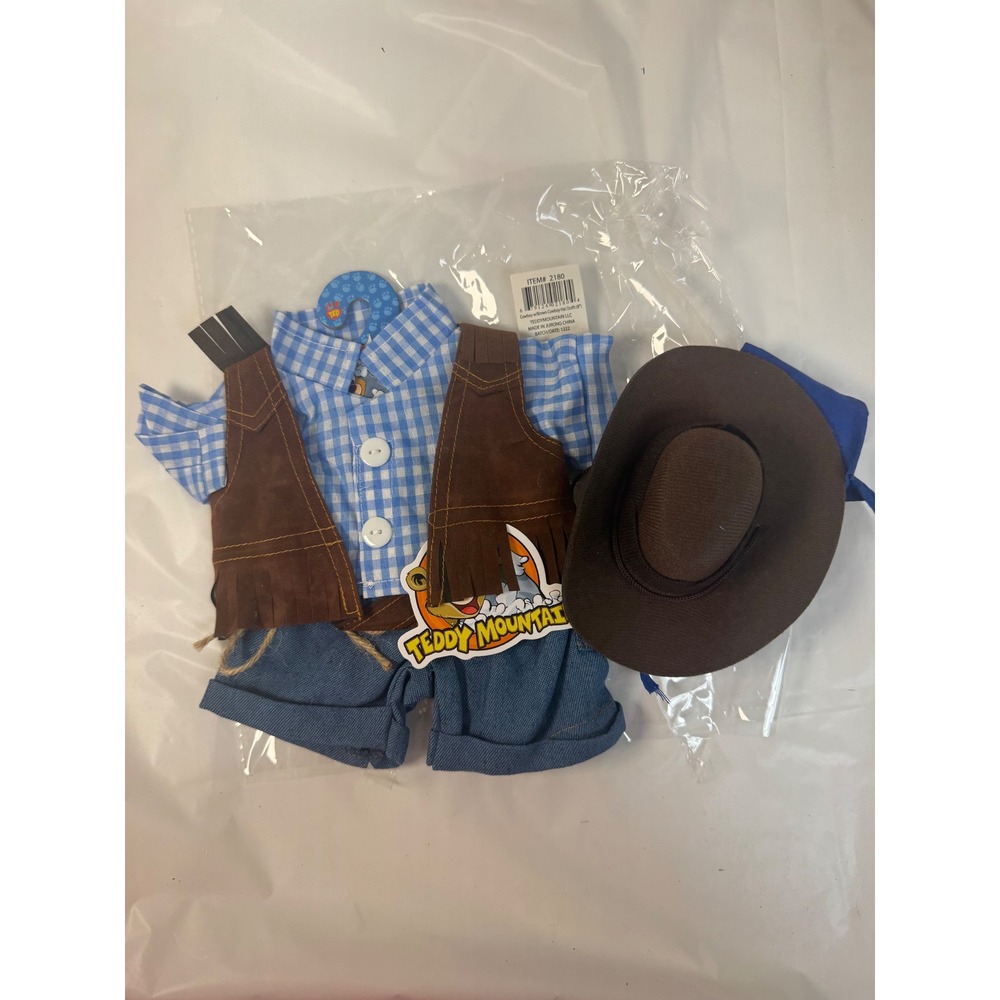 Teddy Mountain 8" Cowboy Plush Outfit Blue Gingham Shirt Brown Vest Hat 2180 - Picture 3 of 12